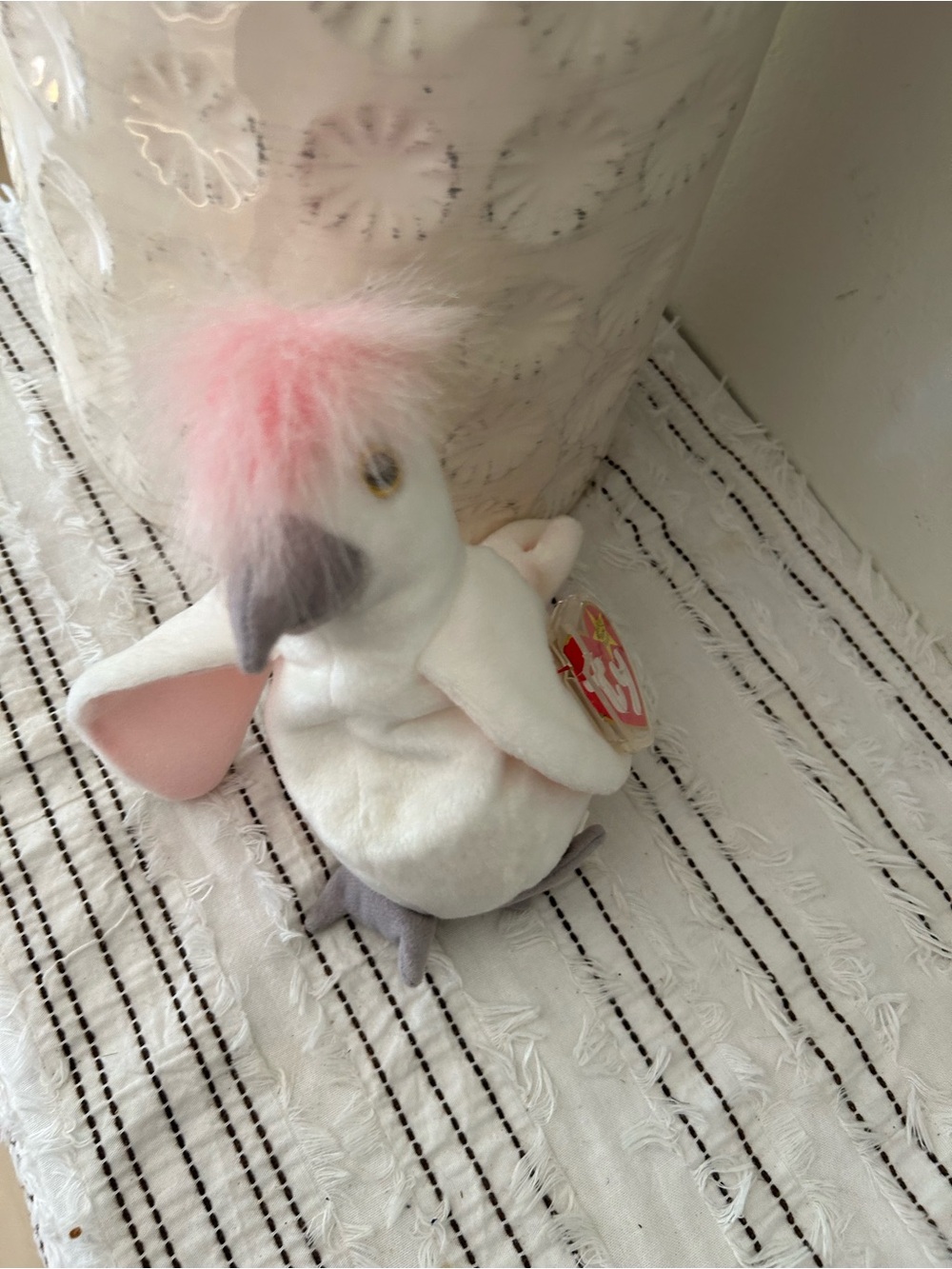 Vintage 1998 Ty Beanie Baby Kuku White Cockatoo Plush with Pink Crest